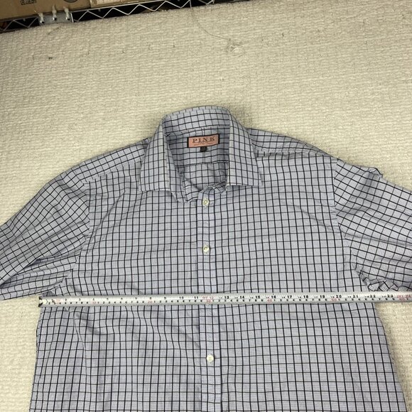 Thomas Pink Shirt Mens 17-35 Blue Mini Check Plaid Dress shirt Plaid pattern - Picture 12 of 16